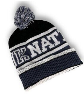 PINK Victoria's Secret Beanie Hat Pom Pom Navy Blue Gray Logo Knit Winter OS